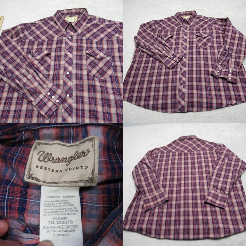 Vintage Wrangler Pearl Snap Shirt Men 2XL Blue Gary Plaid Long Sleeve Button Up